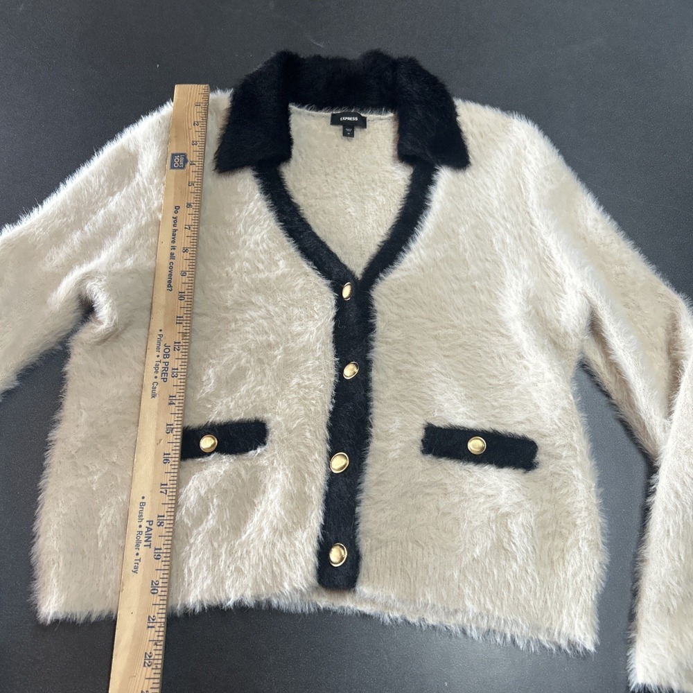 Express Tipped Faux Fur Novelty 4 Button  Cardigan Cream Black Trim Sz M - Picture 3 of 8